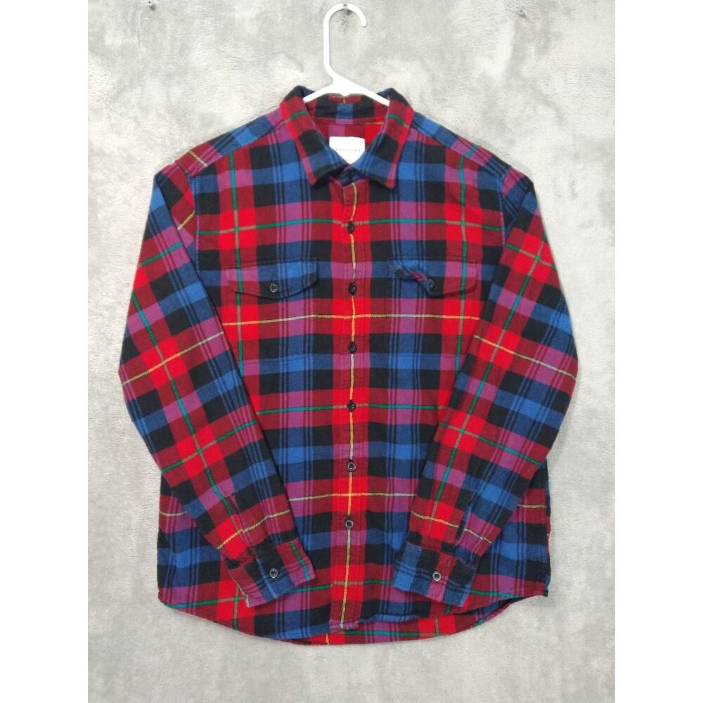 American Eagle Shirt Mens Large Red Blue Plaid Flannel Classic Fit Button Down